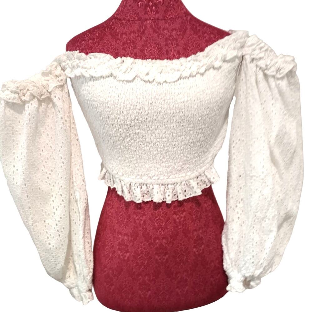 Lace & Beads white eyelet lace Puff Sleeve Smocked Lace Crop Top womans 12